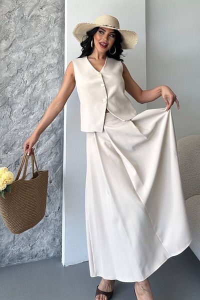 spirituel Women's Double Bottom Top Suit Buttoned Vest Long Bell Skirt Suit