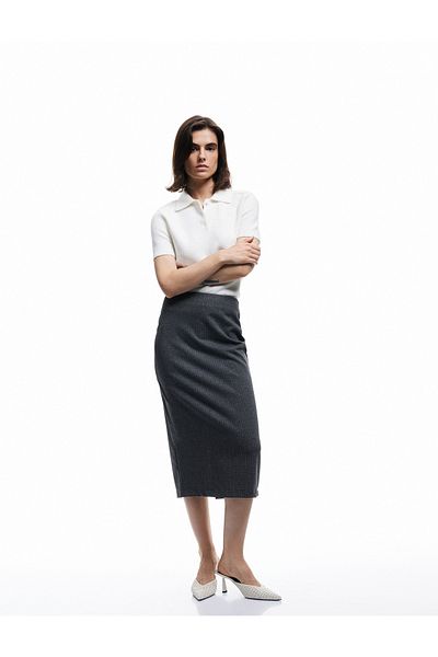 Koton Slim Fit Midi Length Pencil Skirt with Glitter Metallic Thread Detail and Slit Detail