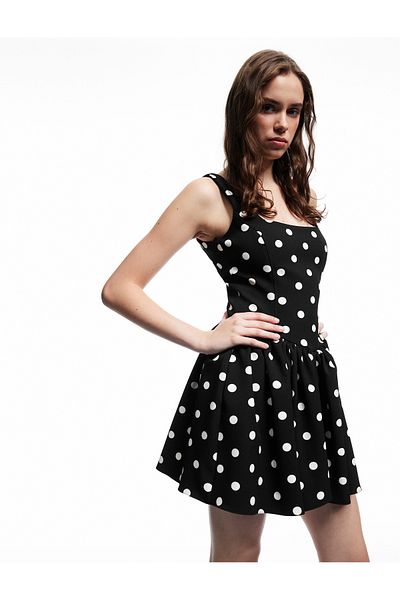 Koton Square Neck Sleeveless Slim Fit Flounced Polka Dot Mini Evening Dress