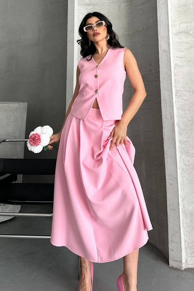 spirituel Women's Double Bottom Top Suit Buttoned Vest Long Bell Skirt Suit