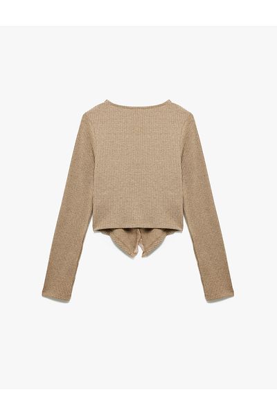 Koton Camisole Lace Detail V Neck Long Sleeve Button Asymmetrical Crop T-Shirt
