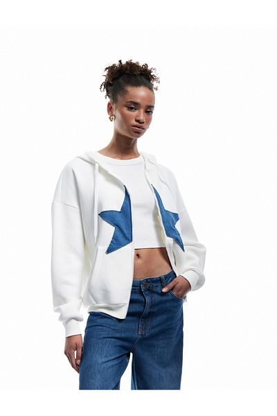 Koton Raised Hooded Star Applique Zippered Sweatshirt