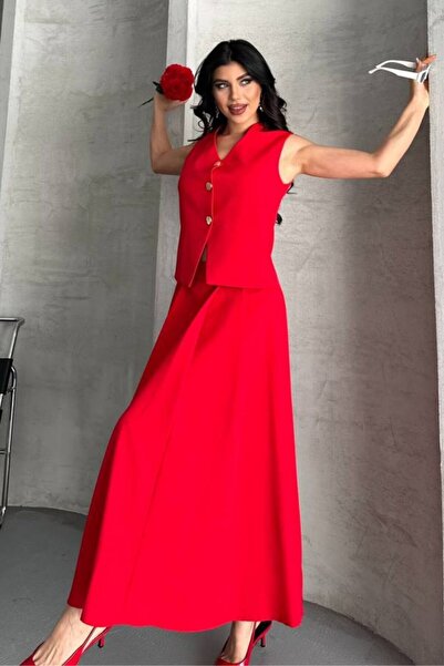 AKD Atelier Women's Double Bottom Top Suit Buttoned Vest Long Bell Skirt Suit