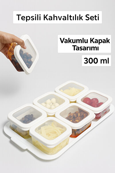 ÇELİKONLİNE 7 Parça Tepsili Kahvaltılık Saklama Kabı Vakumlu Kapaklı Saklama Kabı Kapaklı Kahvaltılık Seti-Beyaz