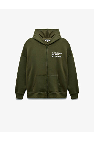 Koton Raised Kangaroo Pocket Back Printed Zippered Hooded Oversize Sweatshirt