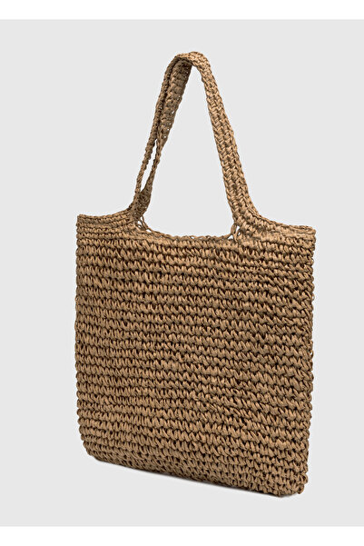 OGGO Τσάντα ώμου Camel με ψάθινη λαβή και φερμουάρ