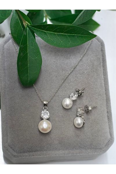argint 925 Set cercei si lantisor Perla