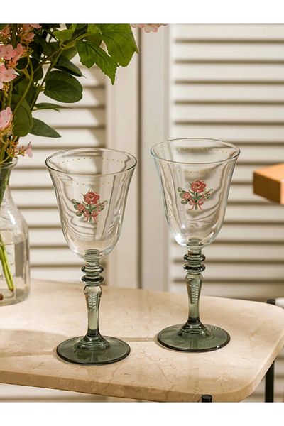 LC Waikiki Lcw Home Mixed Flower Printed Footed Glass Water Glass Set of 2 270 ml