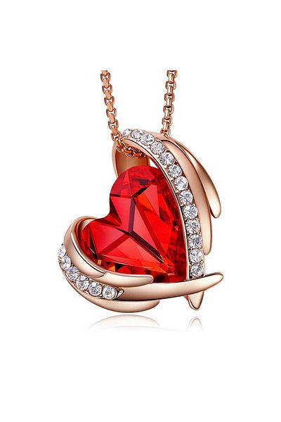 MBrands Rhodium Plated Gold Necklace with Austrian Crystal Pendant, Red Heart Shape