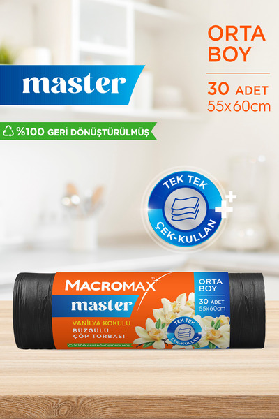 MACRO MAX Master Büzgülü Çöp Torbası Orta Boy (55x60cm) Vanilya Kokulu 30 Adet Süper Ekonomik Paket