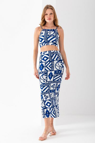 GİYSA Women's Strappy Skirt Patterned Wrap Double Suit Navy Blue - 254411