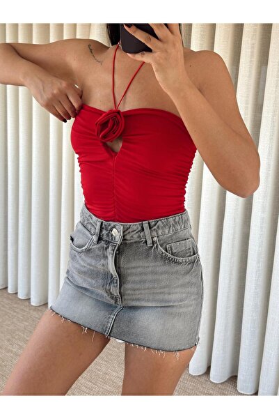 mydukkan.co Milla Rose Detail Halter Neck Bodysuit Red