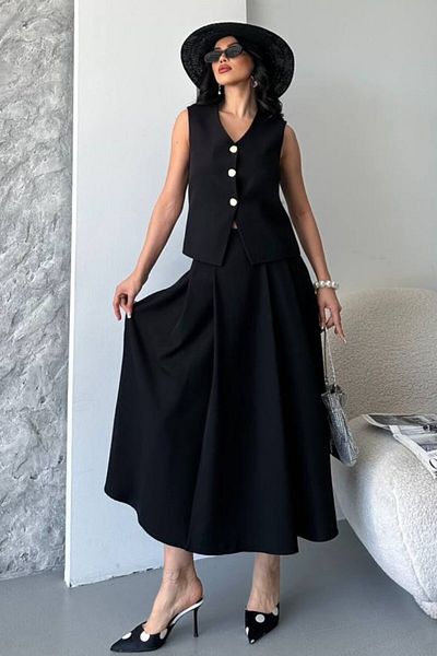spirituel Women's Double Bottom Top Suit Buttoned Vest Long Bell Skirt Suit