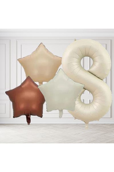 tedaks 8 Year Old Retro Cream Beige Brown Star Foil Balloon Set with Cream Numbers Birthday Stylish Party Ornament