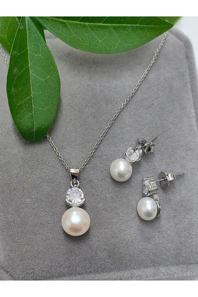 argint 925 Set cercei si lantisor Perla