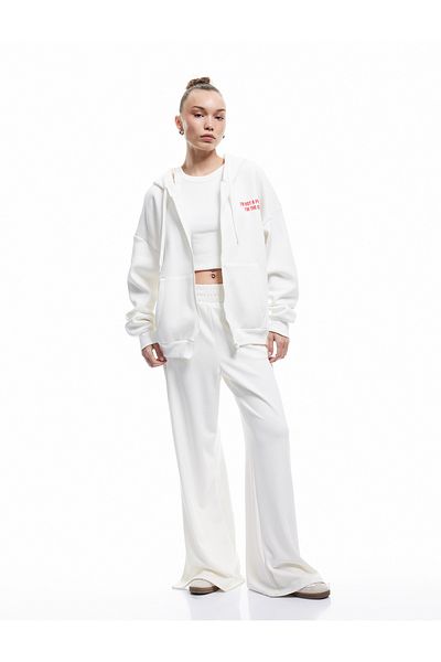 Koton Raised Zippered Hooded Pocket Detailed Oversized Sweatshirt with Printed Back