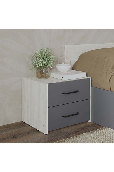 haaus.ro Malmo Bedside Table, 2 Drawers, White Oak/Anthracite, 50 x 40 x 40 cm