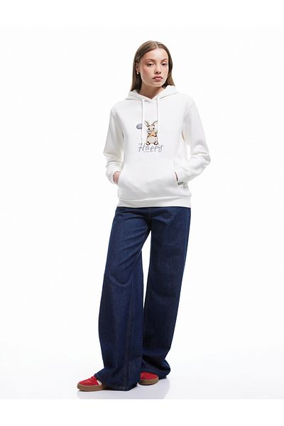 Koton Three Thread Raised Embroidery Detailed Kangaroo Pocket Hooded Sweatshirt