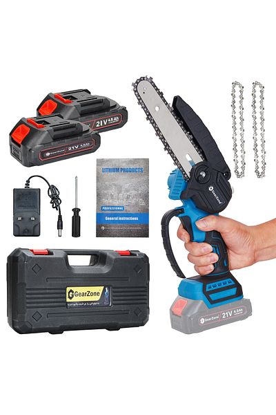 GearZone Cordless Mini Chainsaw 6 Inch, Battery Powered with 2PCS Rechargeable Batteries