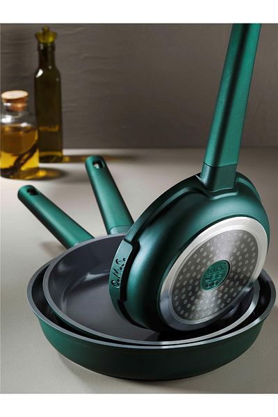 OMS 15016 - 3 Pieces, Induction Cooker Compatible, Cast Iron, Ceramic, (20 - 24 - 28 cm) Pan Set Green