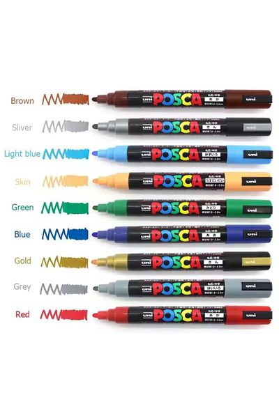 Uni Posca Pc-5M 1.8-2.5mm Marker Acrylic Painting Pen Set of 9