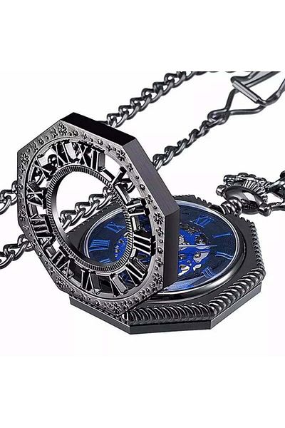 MBrands pocket watch, black with blue, skeleton, Mechanical, with chain, Vintage style, octagon Blue