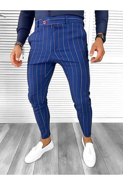 dehaine Men's casual pants, striped, slim fit, navy blue, B7871