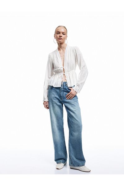 Koton Long Sleeve V Neck Viscose Blend Lace-Up Fisto Blouse
