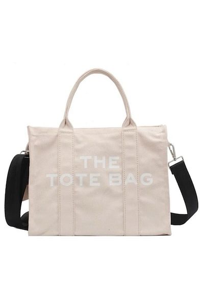 Blusmart Women's Canvas Bag, Shopper Type, M, The Tote Bag Logo Print, Beige