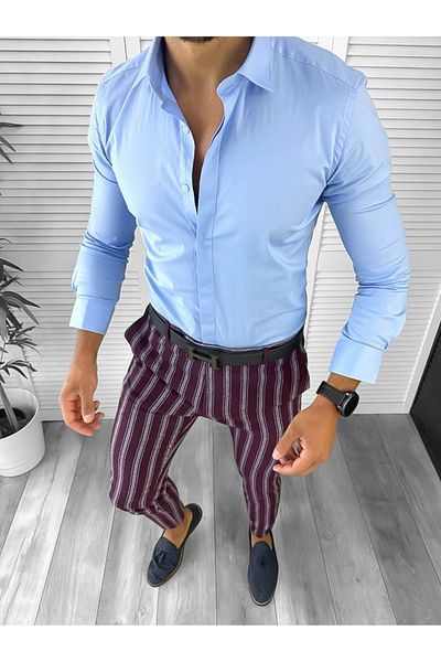 dehaine Men's casual pants, striped, slim fit, Burgundy, B1556