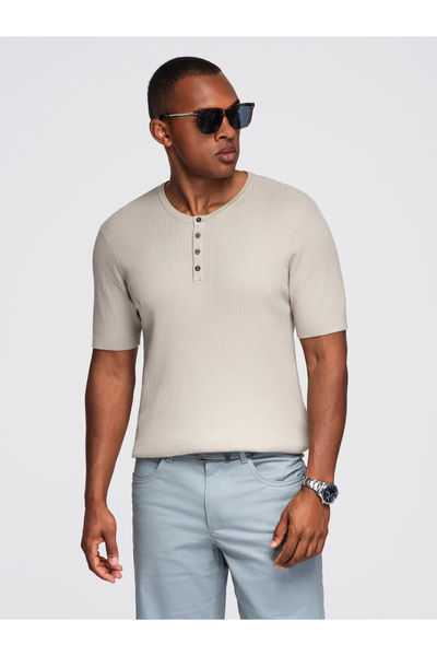 OMBRE Gestricktes Herren-T-Shirt mit Knöpfen am Halsausschnitt - Grau OM-TSCT...