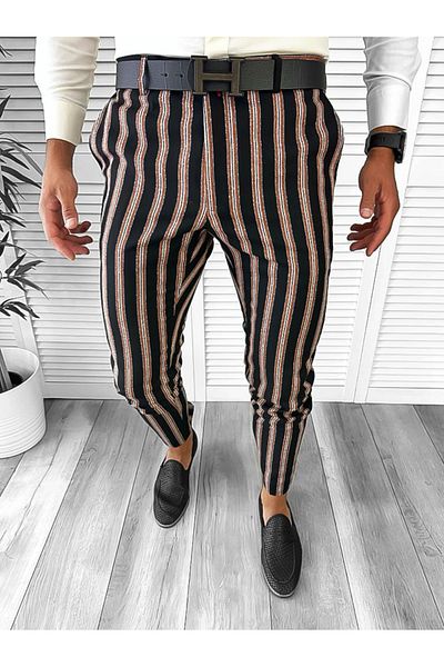 dehaine Men's casual pants, striped, slim fit, Black, B1883