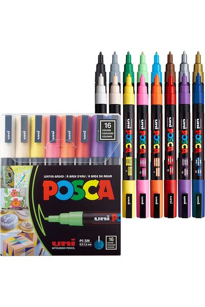 Uni Posca Pc-3M 0.9-1.3mm Marker Acrylic Painting Pen Set of 16 Assorted Colors