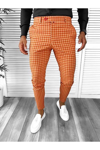 dehaine Men's casual pants, plaid, slim fit, Orange, b1880