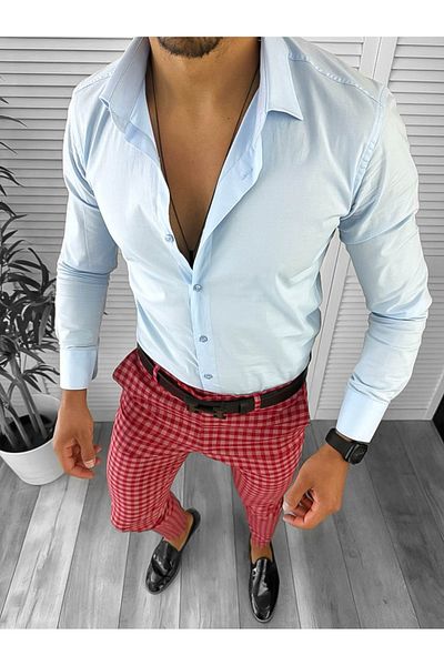 dehaine Men's casual pants, plaid, slim fit, Red, B1855