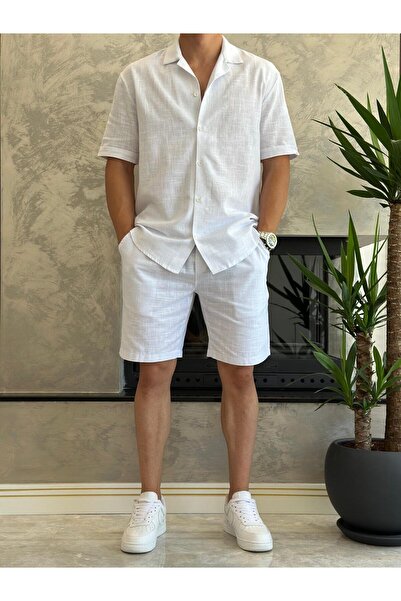 ECARTS Men's Relaxed Cut Raw Linen Bottom Top Shorts Suit White Eca020