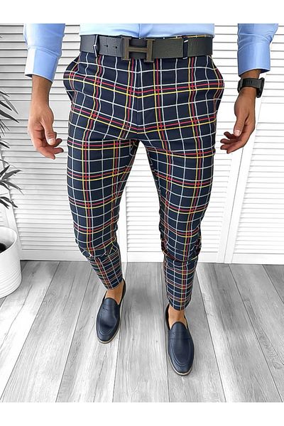 dehaine Men's casual pants, plaid, slim fit, Navy blue, B1545