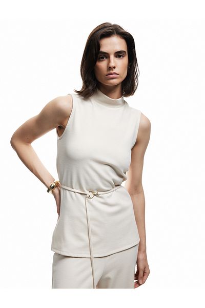 Koton Metal Accessories Stand Collar Sleeveless Belted Long Blouse