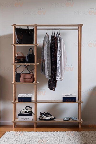 MikroEv Pia Ahşap Raflı & Askılıklı Açık Gardırop | Portatif Kıyafet Dolabı