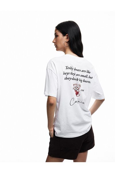 Koton Short Sleeve Crew Neck Cotton Teddy Bear Printed Oversize T-Shirt