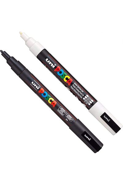 Uni Posca Pc-3M 0.9-1.3mm Marker Acrylic Painting Pen Set of 2 Black and White