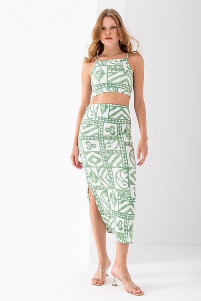 GİYSA Women's Strappy Skirt Patterned Wrap Double Suit Light Green - 254411