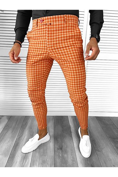 dehaine Men's casual pants, plaid, slim fit, Orange, b1880