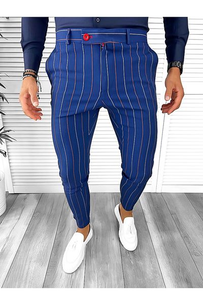 dehaine Men's casual pants, striped, slim fit, navy blue, B7871