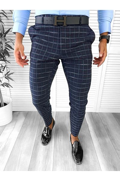 dehaine Men's casual pants, plaid, slim fit, Navy blue, B1732