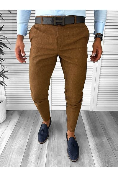 dehaine Men's casual pants, plain, slim fit, brown, B1769