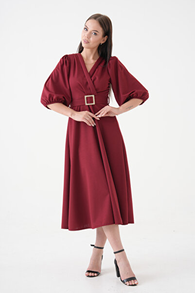 lovebox Women's Crepe Fabric Double Breasted Collar Stone Belt Detailed Balloon Sleeve Burgundy Midi Dress 3602
