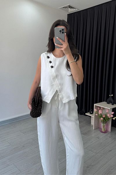 ECEMİ Eva Ecru Shiny Fabric Stone Detailed Suit