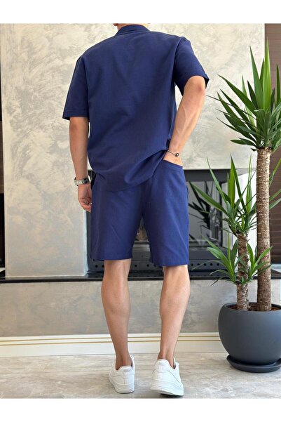 ECARTS Men's Relaxed Cut Raw Linen Bottom Top Shorts Suit Navy Blue Eca020