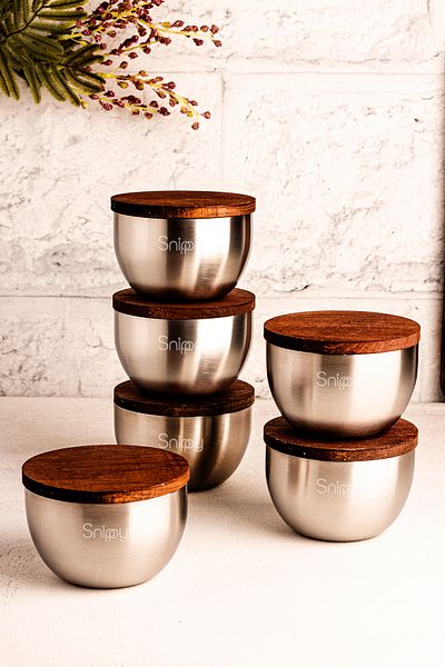 Snippy Steelora - 6-Piece Wooden Vacuum Lid Stainless Steel Breakfast Multi-Purpose Snack Bowl 300 ml